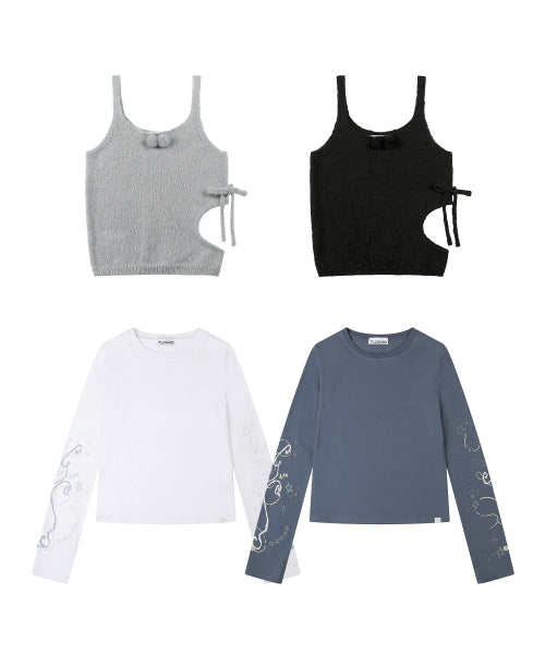 [SET] CUT-OUT RIBBON KNIT TANK & DRAWING LONG SLEEVES