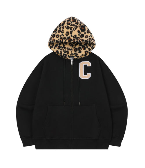 LEOPARD-HOOD ZIP-UP HOODIE(BLACK)