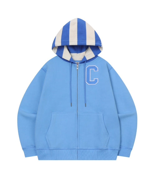 STRIPED-HOOD ZIP-UP HOODIE(BLUE)