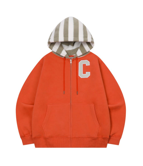 STRIPED-HOOD ZIP-UP HOODIE(ORANGE)