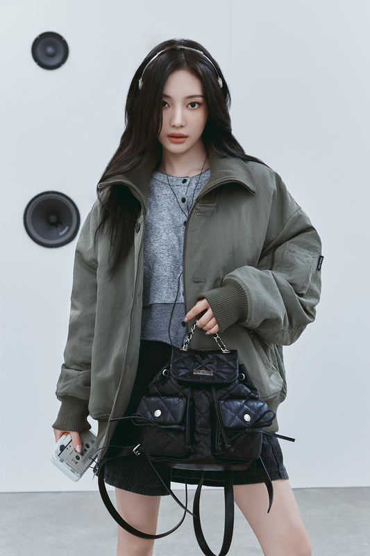 DOUBLE POCKET QUILTING MINI BACKPACK IN BLACK