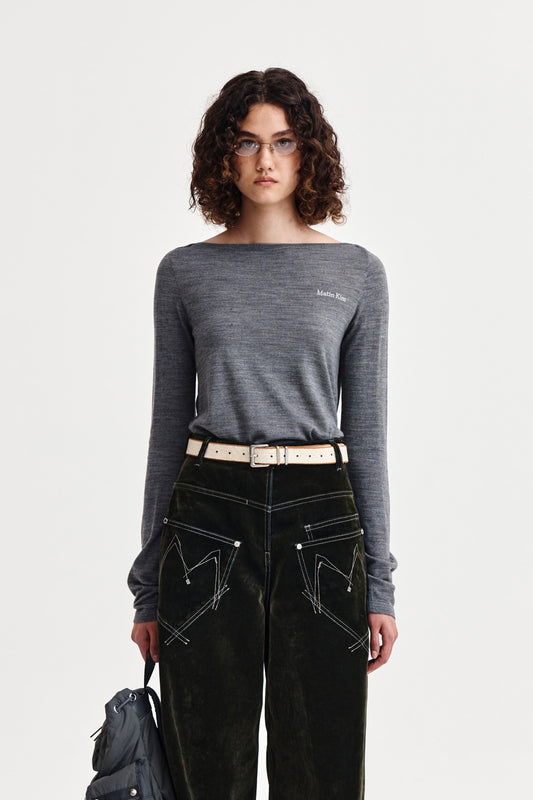 ESSENTIAL BOAT NECK KNIT TOP IN GREY