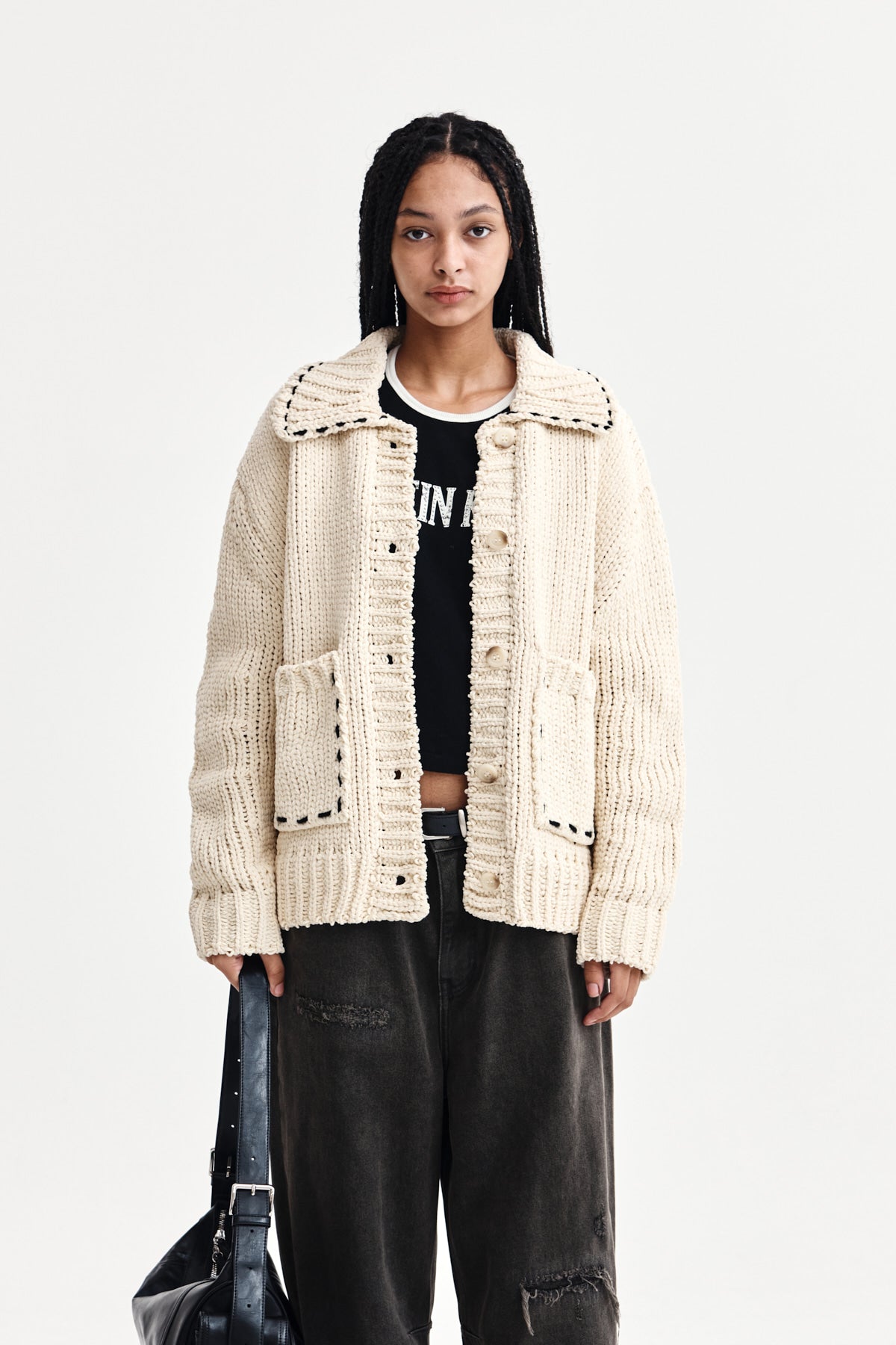 HANDMADE COLLAR KNIT CARDIGAN FOR WOMEN IN BUTTER