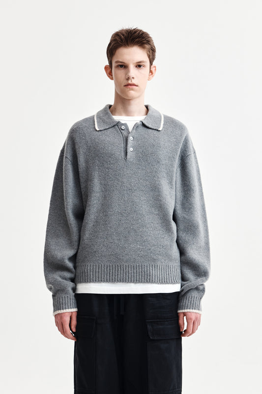 BACK LOGO COLLAR KNIT TOP FOR MEN IN GREY
