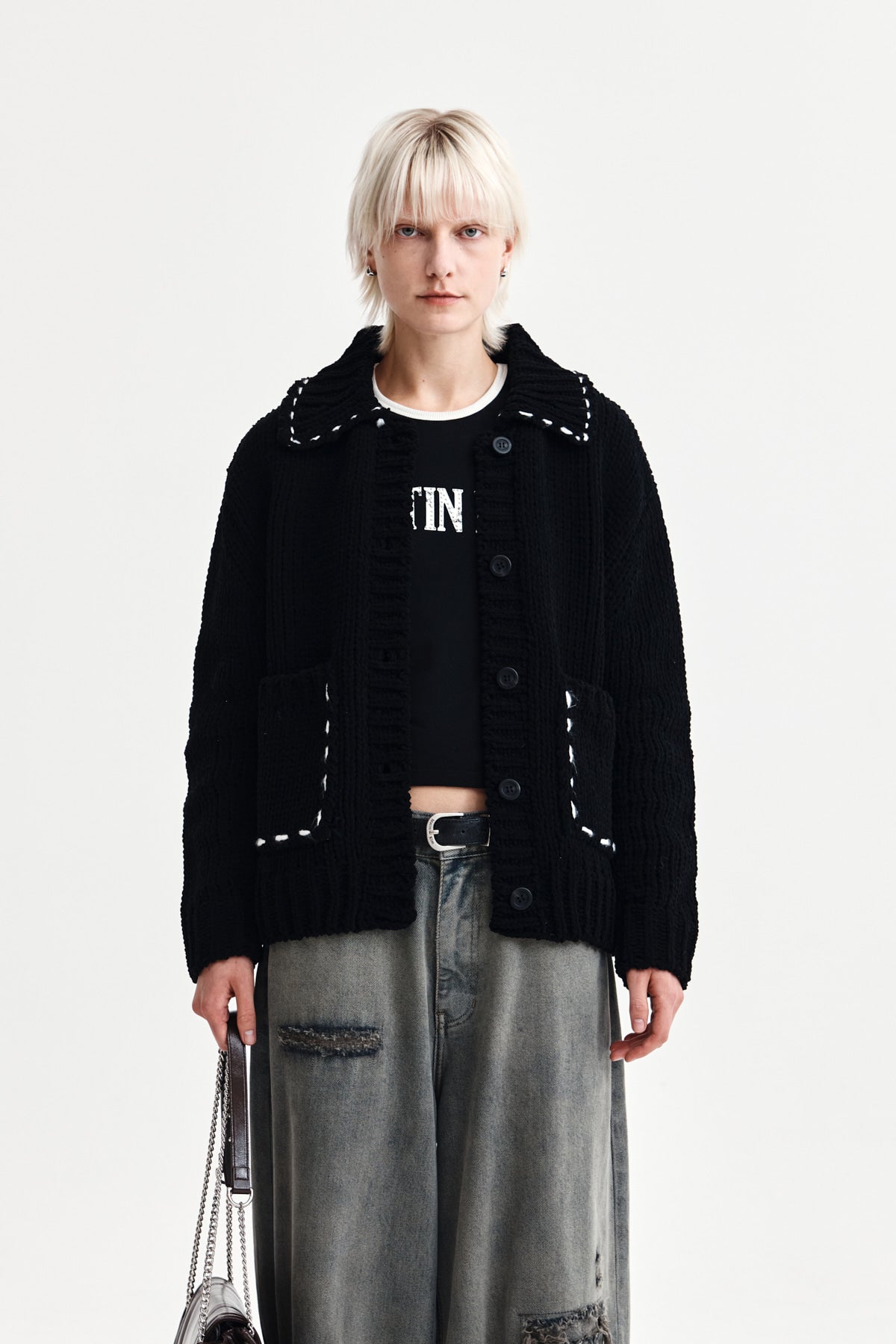 HANDMADE COLLAR KNIT CARDIGAN FOR WOMEN IN BLACK
