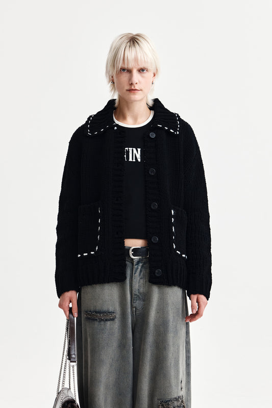 HANDMADE COLLAR KNIT CARDIGAN FOR WOMEN IN BLACK