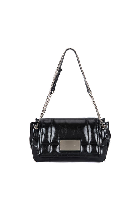 GLOSSY QUILTING MEDIUM CHAIN BAG IN BLACK