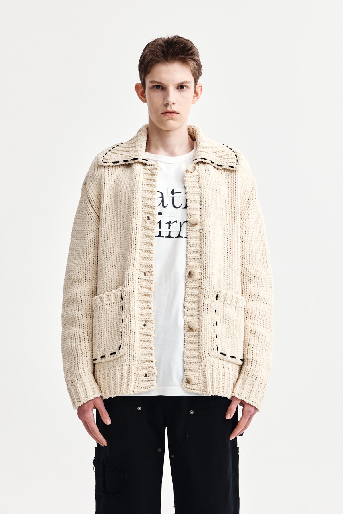 HANDMADE COLLAR KNIT CARDIGAN FOR MEN IN BUTTER