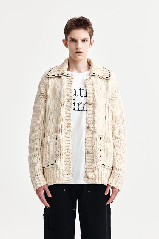 HANDMADE COLLAR KNIT CARDIGAN FOR MEN IN BUTTER