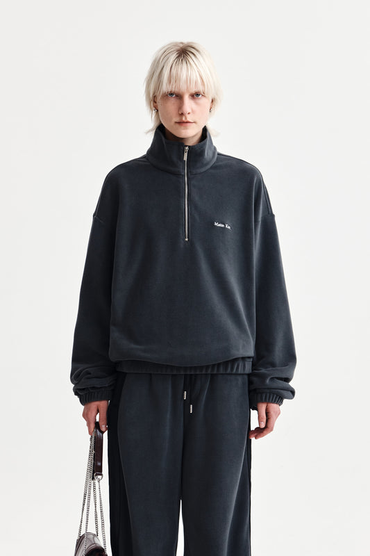 SHERPA FLEECE HALF ZIP UP TOP IN CHARCOAL