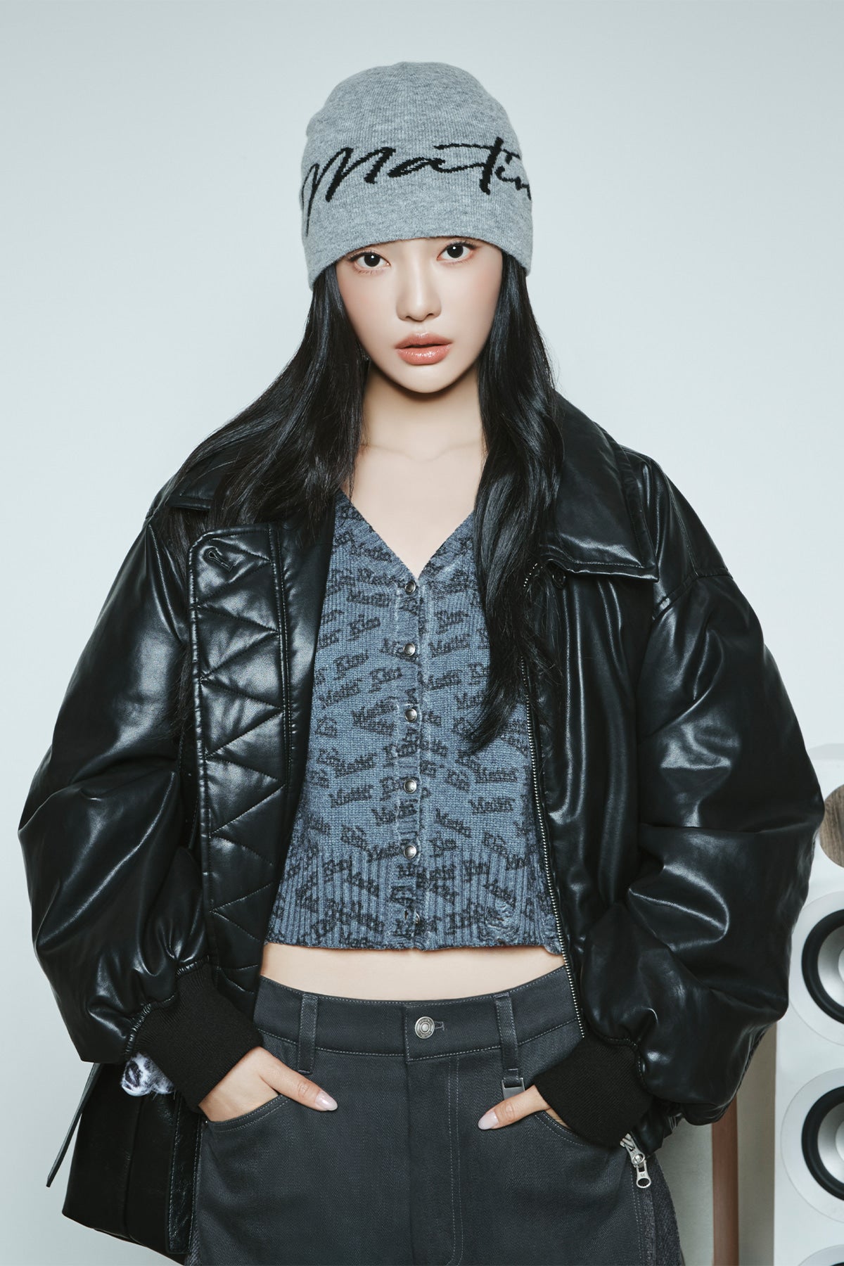 FAUX LEATHER DOWN JUMPER FOR WOMEN IN BLACK