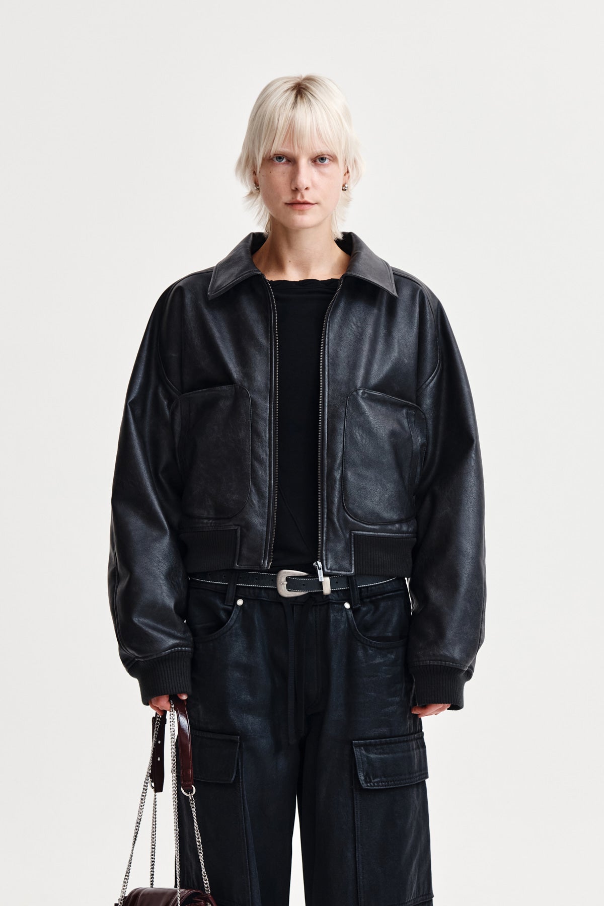 FAUX LEATHER OUT POCKET JUMPER IN CHARCOAL