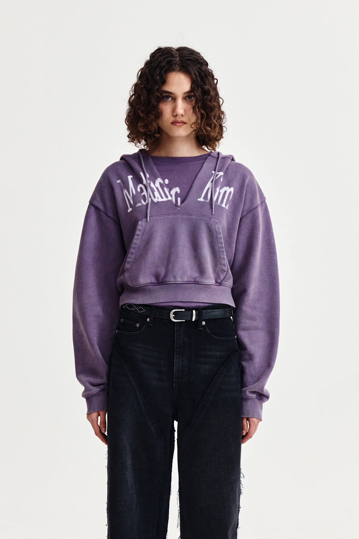WASHED LAYERED CROP HOODY IN PURPLE