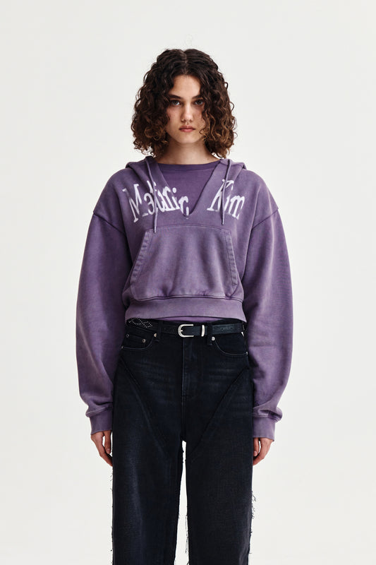 WASHED LAYERED CROP HOODY IN PURPLE