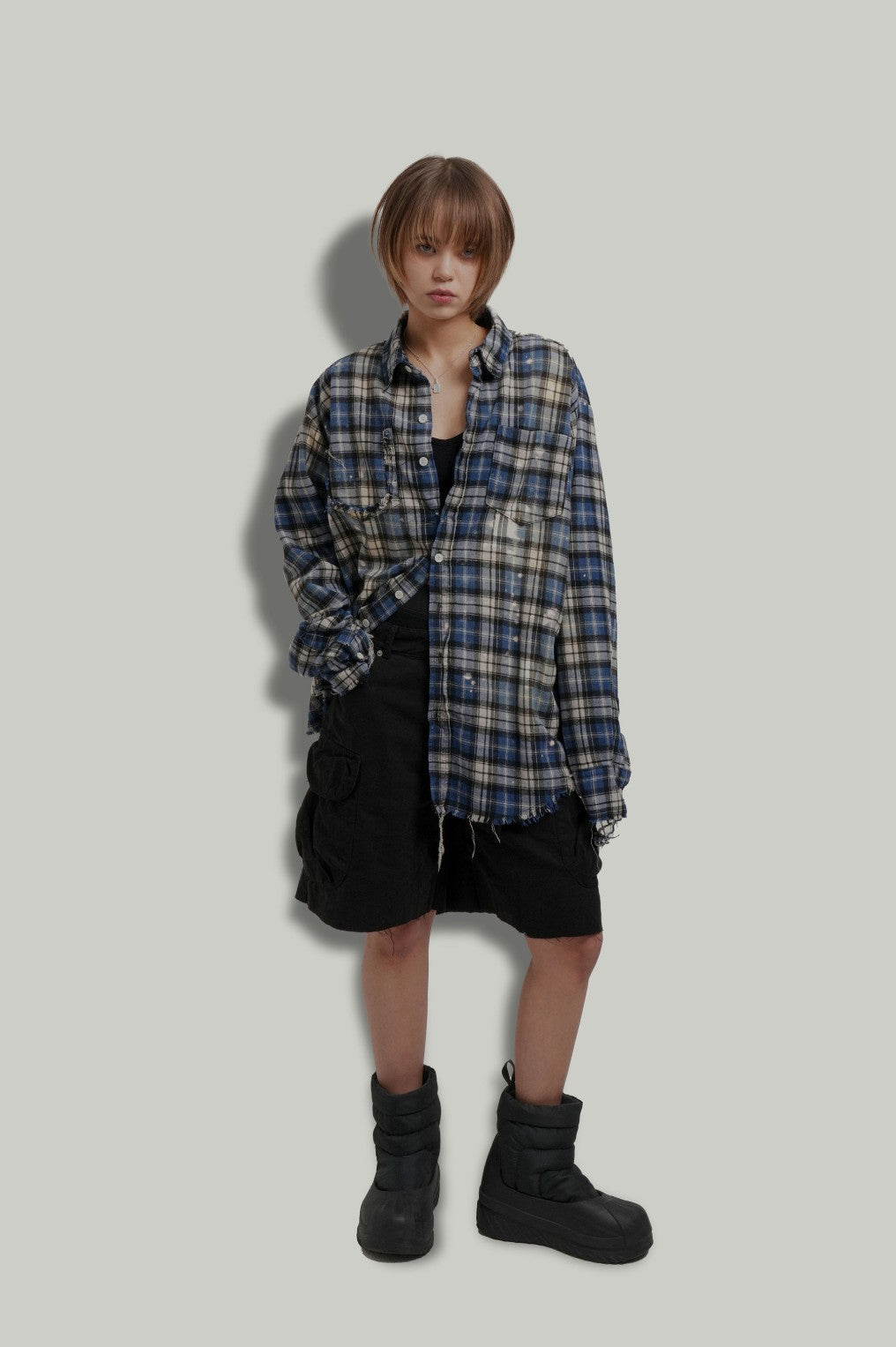 ★[THE BOYZ Younghoon Worn] 【GRAILZ】BLEACHED PLAID SHIRTS [BLUE]