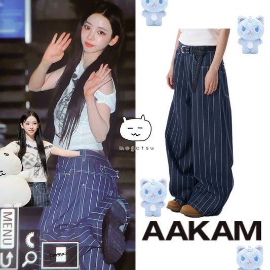 ★[aespa KARINA Worn] 【AAKAM】Striped Cinch Back Denim Pants (Blue)