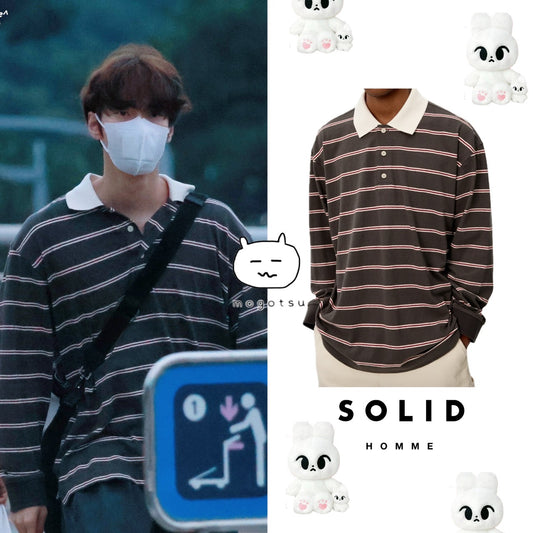 ★[NCT Doyoung Worn] 【Smoothmood】Grey Stripe Rugby T-Shirt