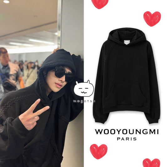 ★[ZEROBASEONE Ricky Worn] 【WOOYOUNGMI】Black line embroidered hooded T-shirt