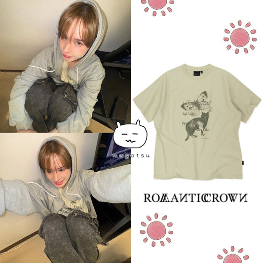 ★[TWS Kyungmin Worn] 【ROMANTIC CROWN】Cat Drawing Vintage T-Shirt_Ivory