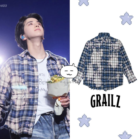 ★[THE BOYZ Younghoon Worn] 【GRAILZ】BLEACHED PLAID SHIRTS [BLUE]
