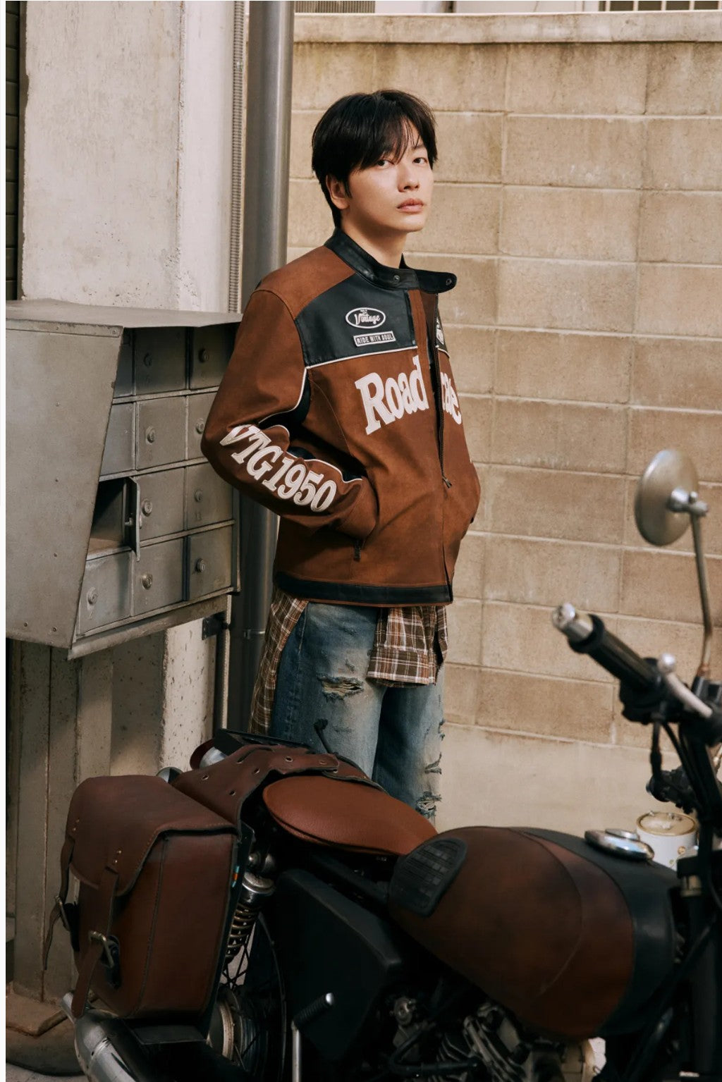 ★[TWICE Jihyo Worn] 【BUCKAROO】artificial leather suede coloring rider jacket brown
