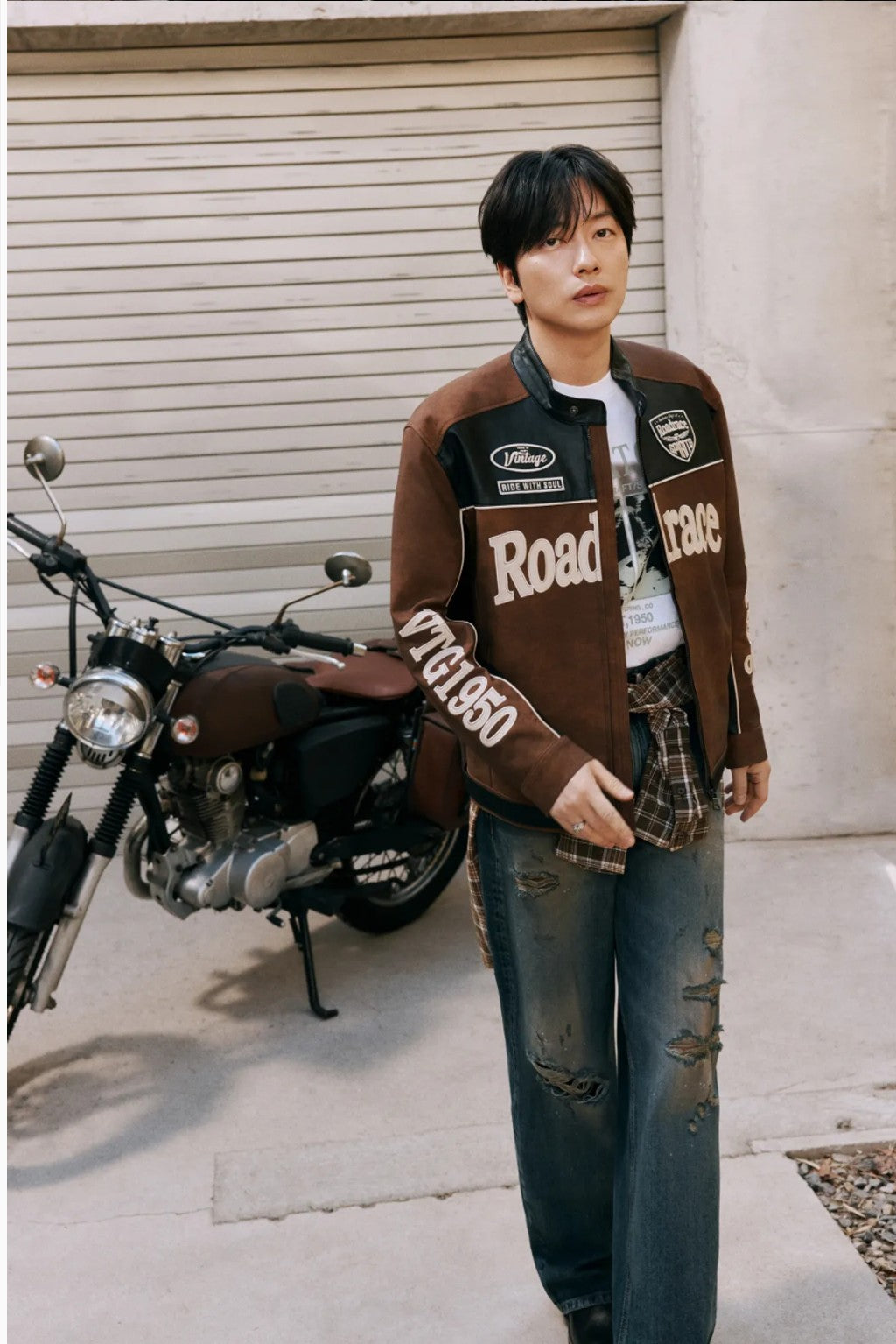 ★[TWICE Jihyo Worn] 【BUCKAROO】artificial leather suede coloring rider jacket brown