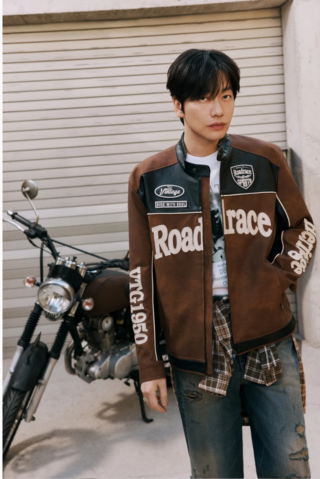 ★[TWICE Jihyo Worn] 【BUCKAROO】artificial leather suede coloring rider jacket brown