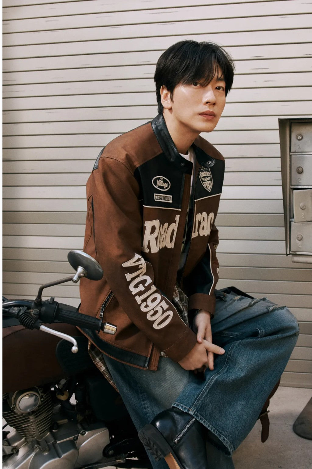 ★[TWICE Jihyo Worn] 【BUCKAROO】artificial leather suede coloring rider jacket brown