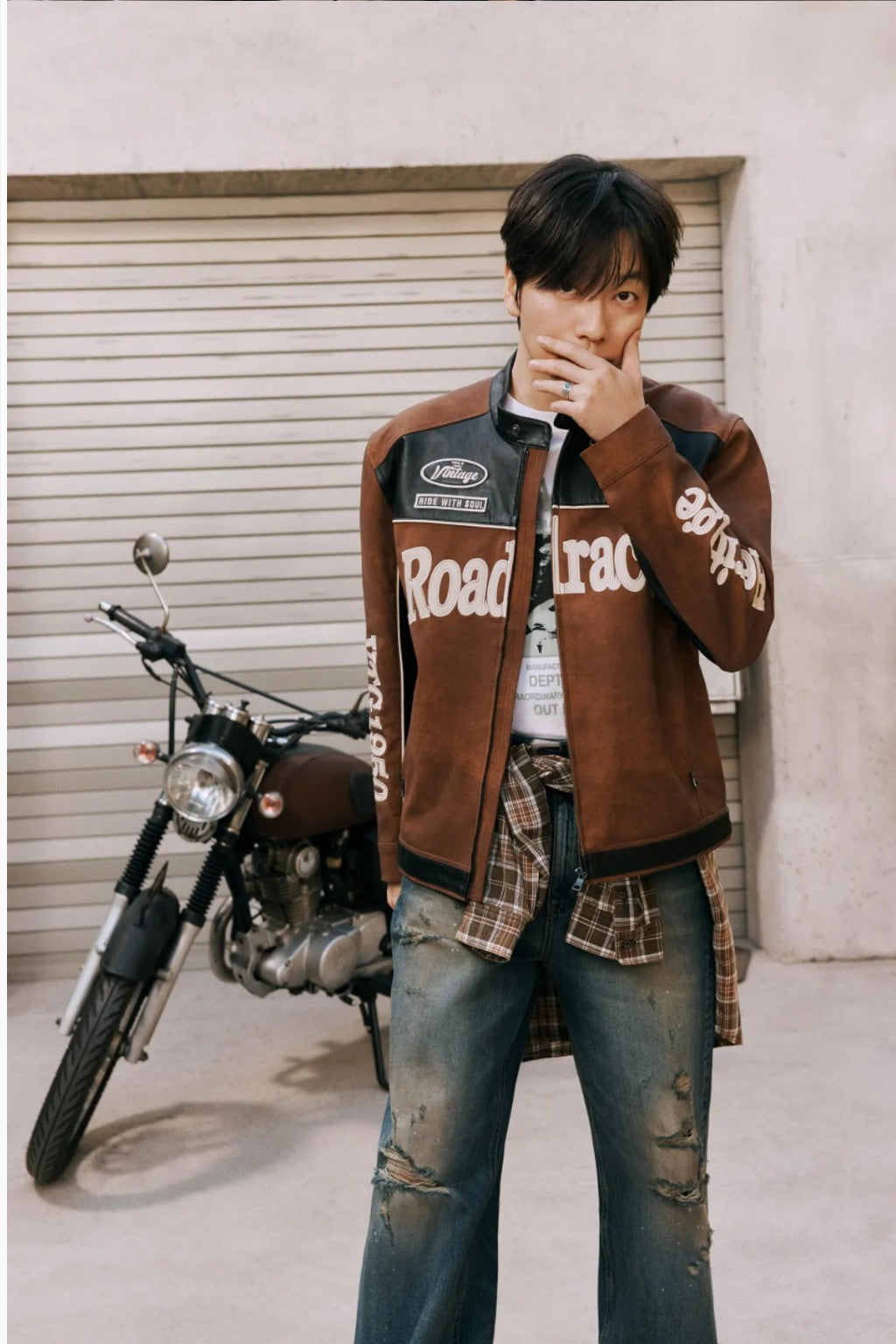 ★[TWICE Jihyo Worn] 【BUCKAROO】artificial leather suede coloring rider jacket brown