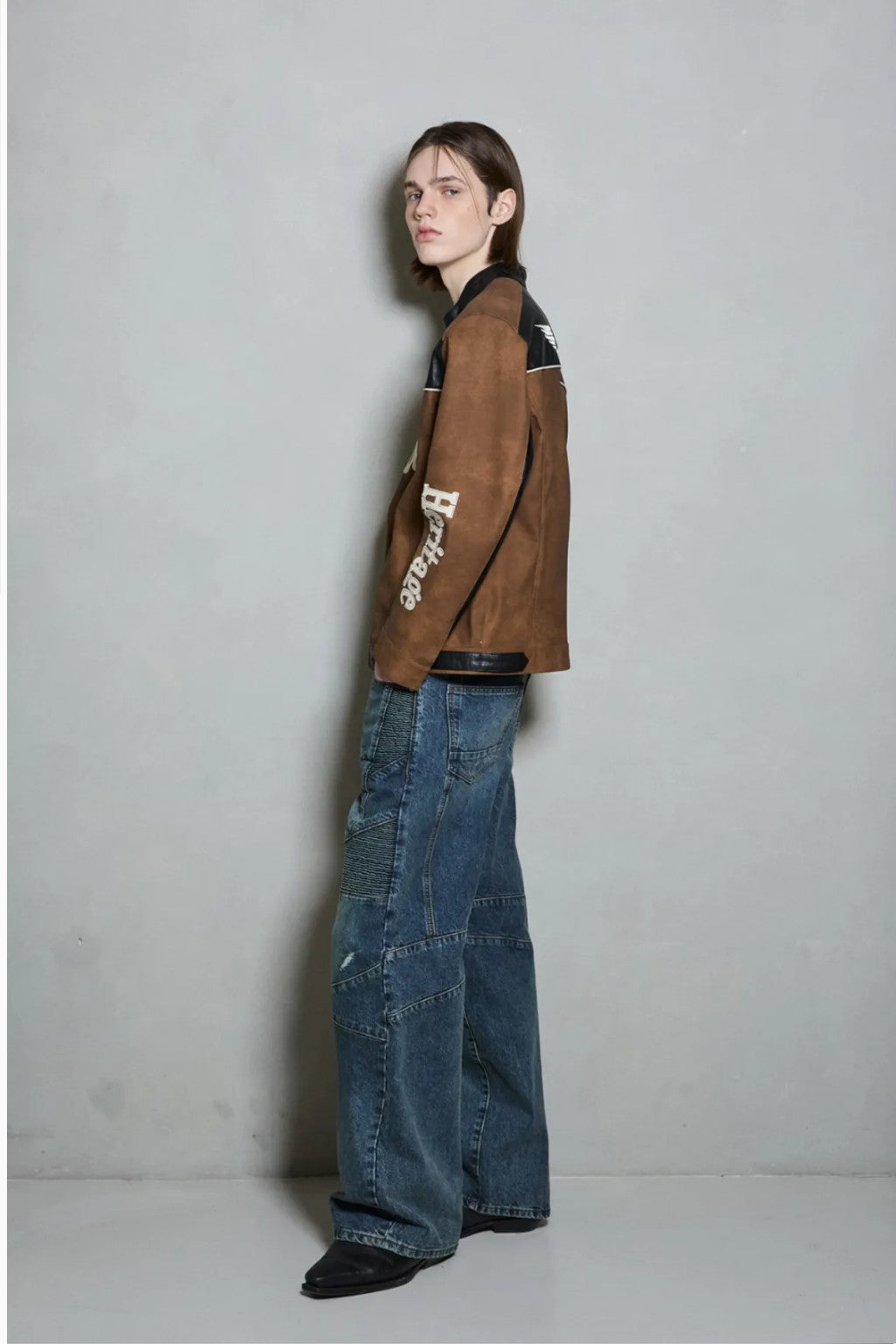★[TWICE Jihyo Worn] 【BUCKAROO】artificial leather suede coloring rider jacket brown