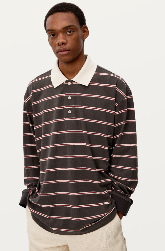 ★[NCT Doyoung Worn] 【Smoothmood】Grey Stripe Rugby T-Shirt