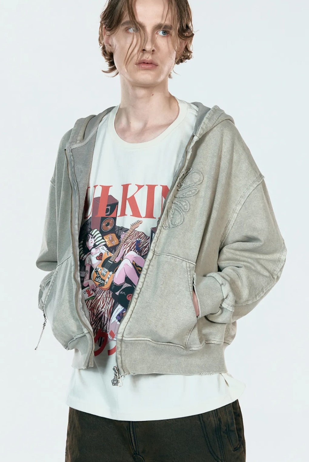 ★[LE SSERAFIM Chaewon Worn] 【ULKIN】Mugung Vintage Two-Way Hooded Zip-Up_Oatmeal