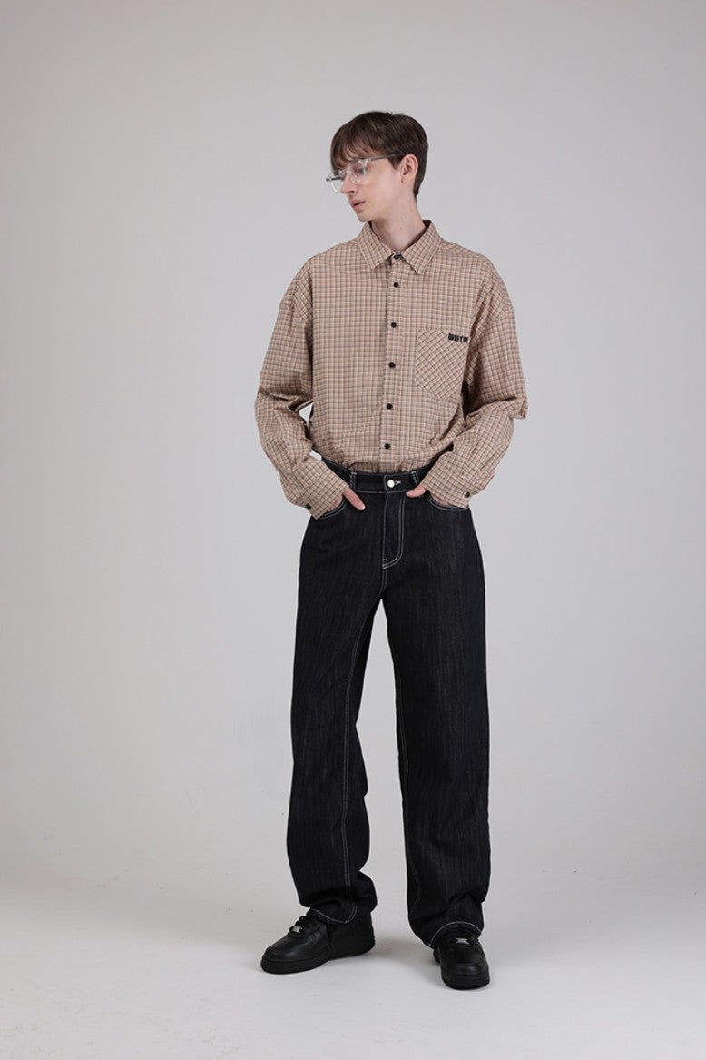 ★[ZEROBASEONE Zhang Hao Worn] 【WHEN YOU  MOVE】Classic Checkered Logo Pocket Shirt Beige