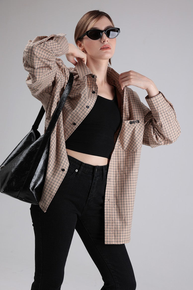 ★[ZEROBASEONE Zhang Hao Worn] 【WHEN YOU  MOVE】Classic Checkered Logo Pocket Shirt Beige