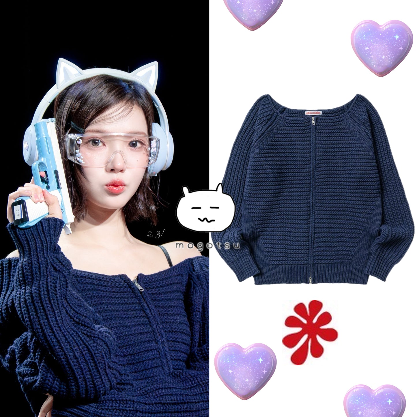OFF SHOULDER KNIT ZIP-UP, NAVY