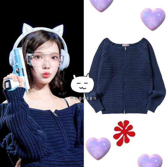OFF SHOULDER KNIT ZIP-UP, NAVY