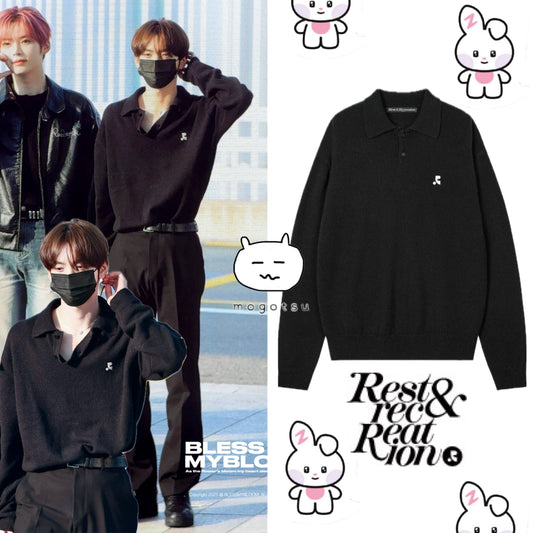 WOOL POLO KNIT TOP - BLACK