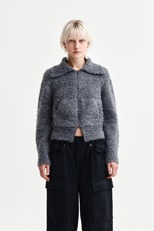 BOUCLE KNIT ZIP UP CARDIGAN IN CHARCOAL