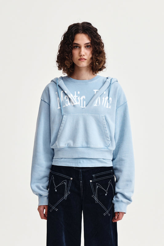WASHED LAYERED CROP HOODY IN SKY