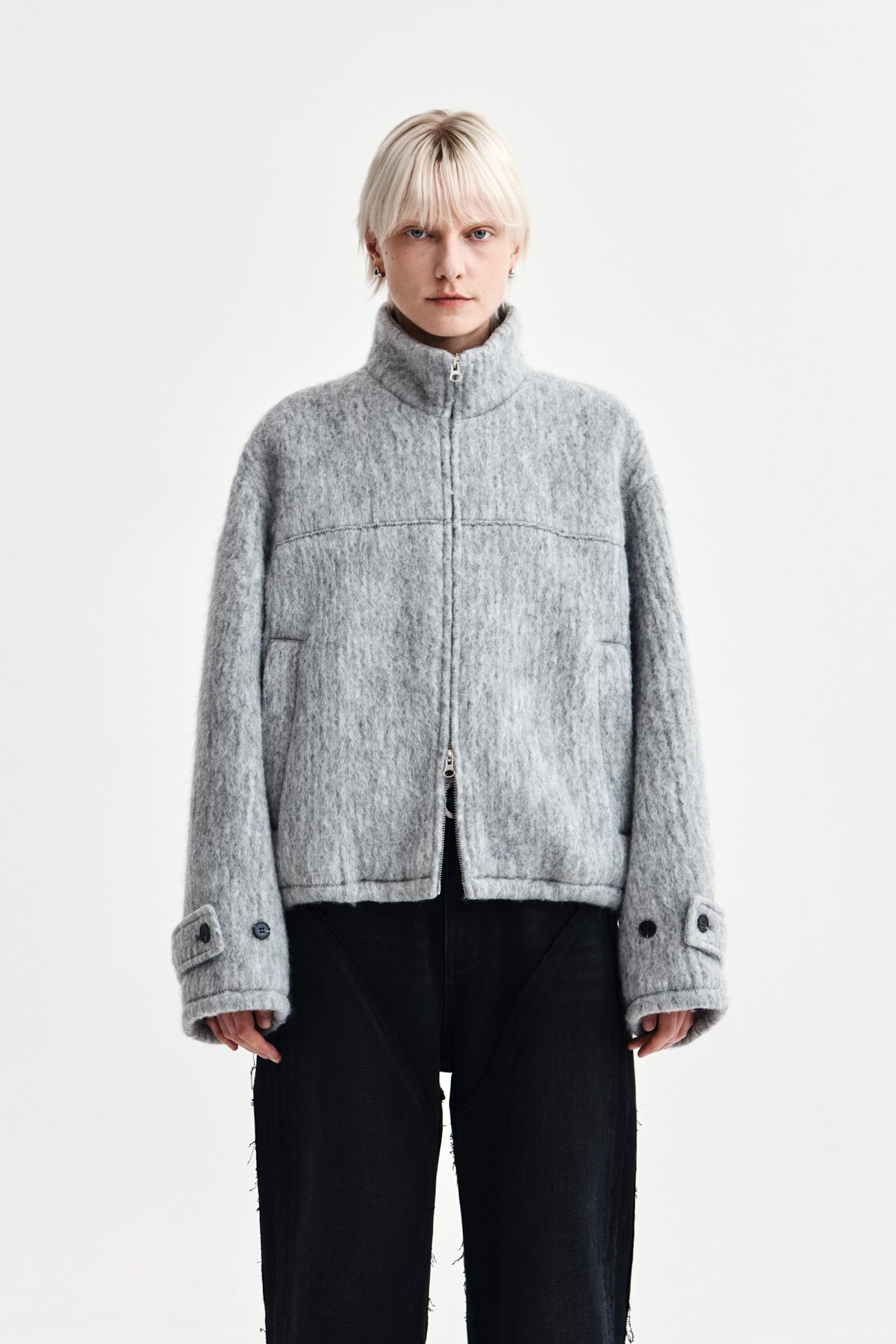 HAIRY HIGH NECK ZIP UP JUMPER IN LIGHT GREY