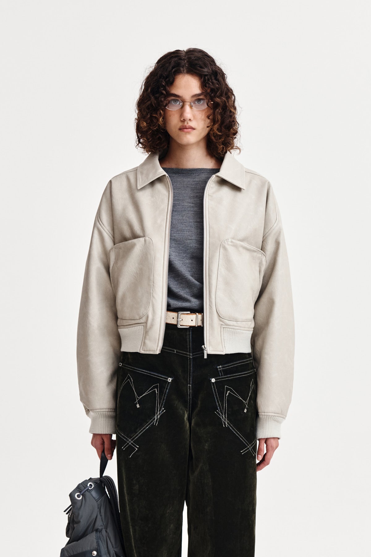 FAUX LEATHER OUT POCKET JUMPER IN LIGHT GREY