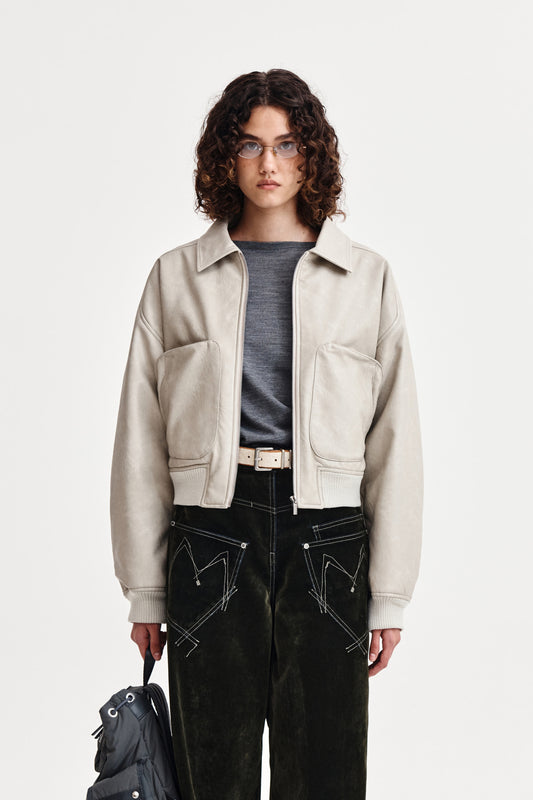 FAUX LEATHER OUT POCKET JUMPER IN LIGHT GREY