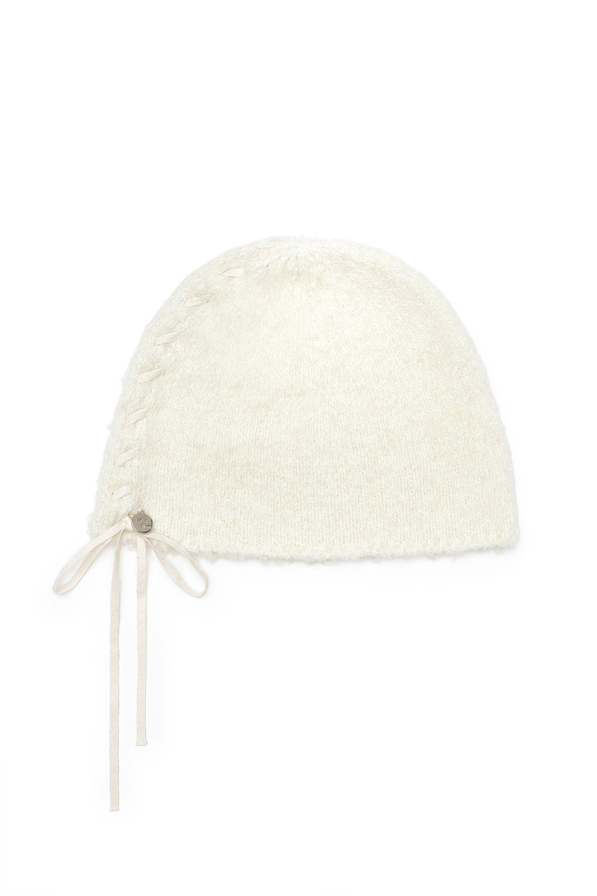 RIBBON TIE KNIT BEANIE IN IVORY