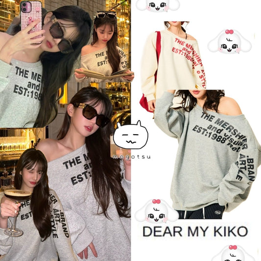 YOUNG STAGE Oblique Lettering Loose Off-shoulder Sweatshirt (2color)