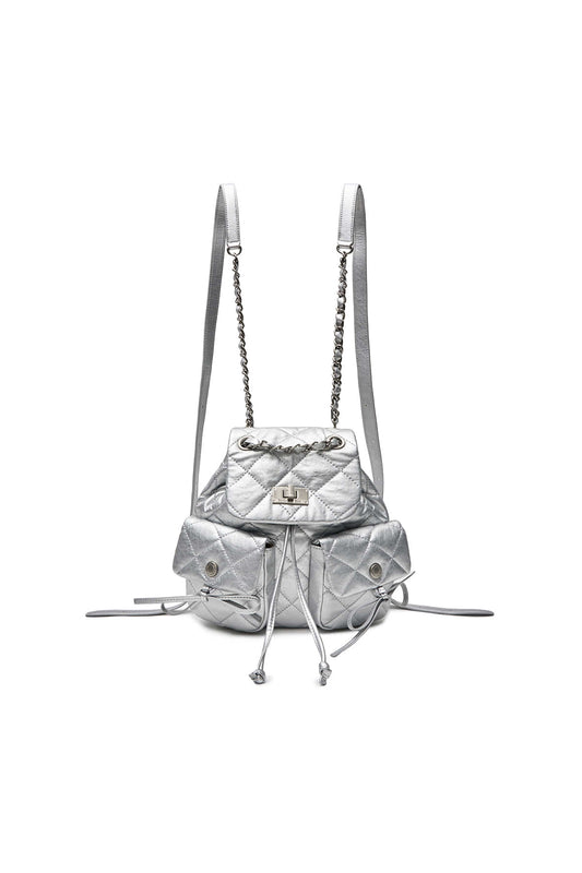 DOUBLE POCKET QUILTING MINI BACKPACK IN SILVER