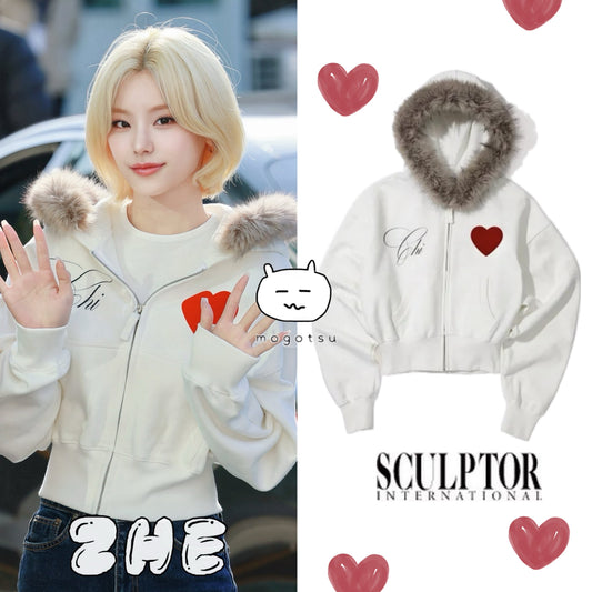 Faux Fur Trimming Hooded Zip-Up White