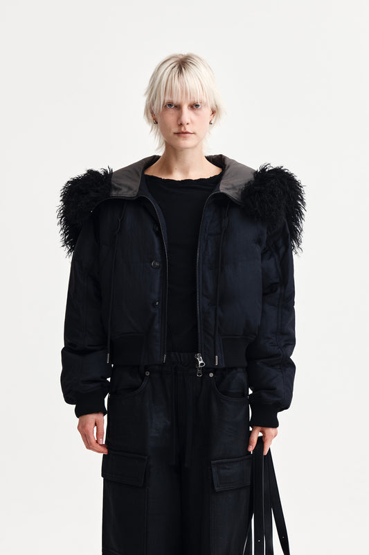 FUR HOODY BOMBER DOWN JUMPER IN BLACK