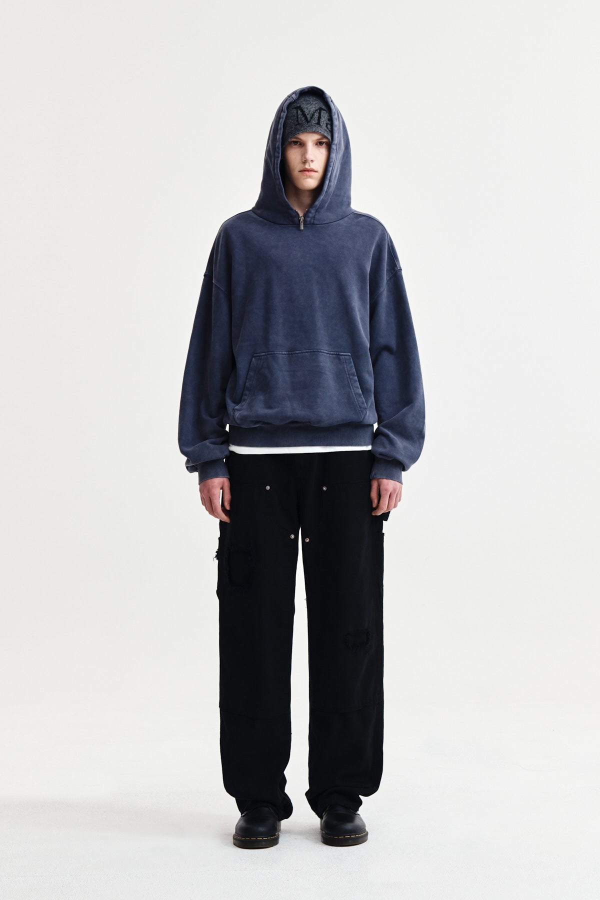 DISTRESSED DOUBLE KNEE WORK PANTS FOR MEN IN BLACK