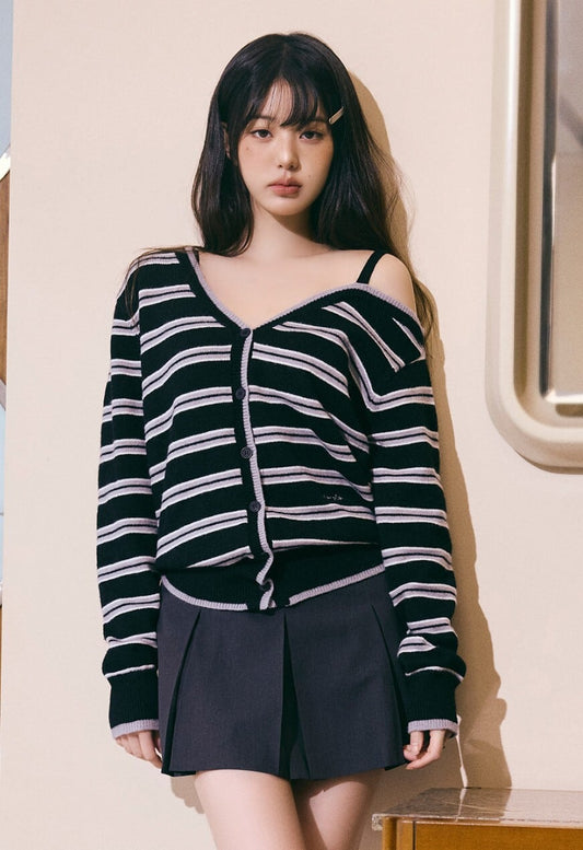 ONE OFF SHOULDER STRIPE WOOL BLENDED CARDIGAN BLACK