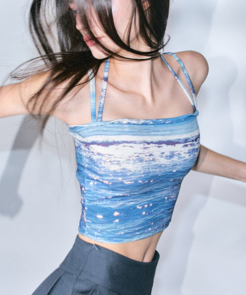 Graphic Ribbon Sleeveless Top [BLUE]